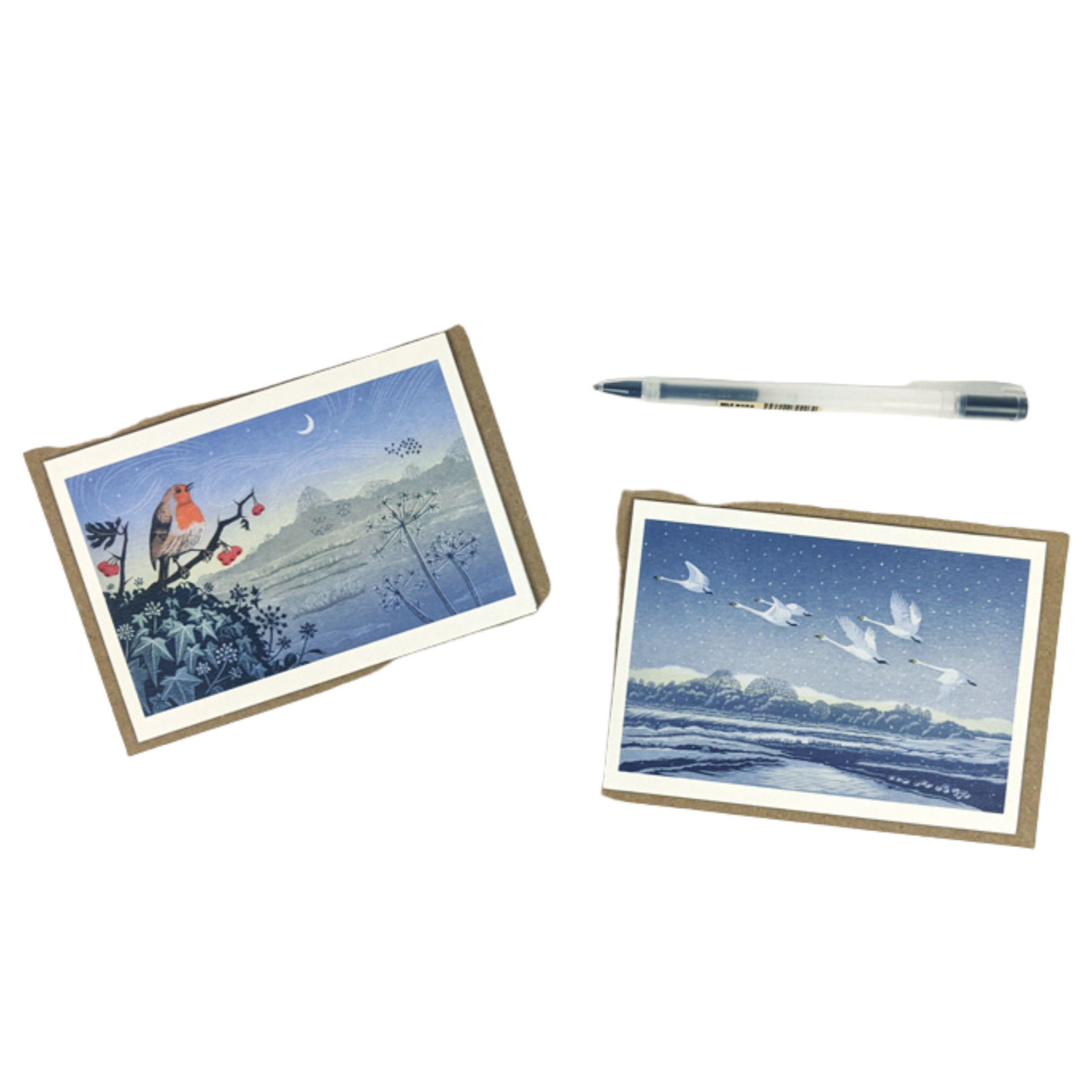 Two illustrated greeting cards; one depicts a robin on a branch under a crescent moon, the other shows a flock of swans in