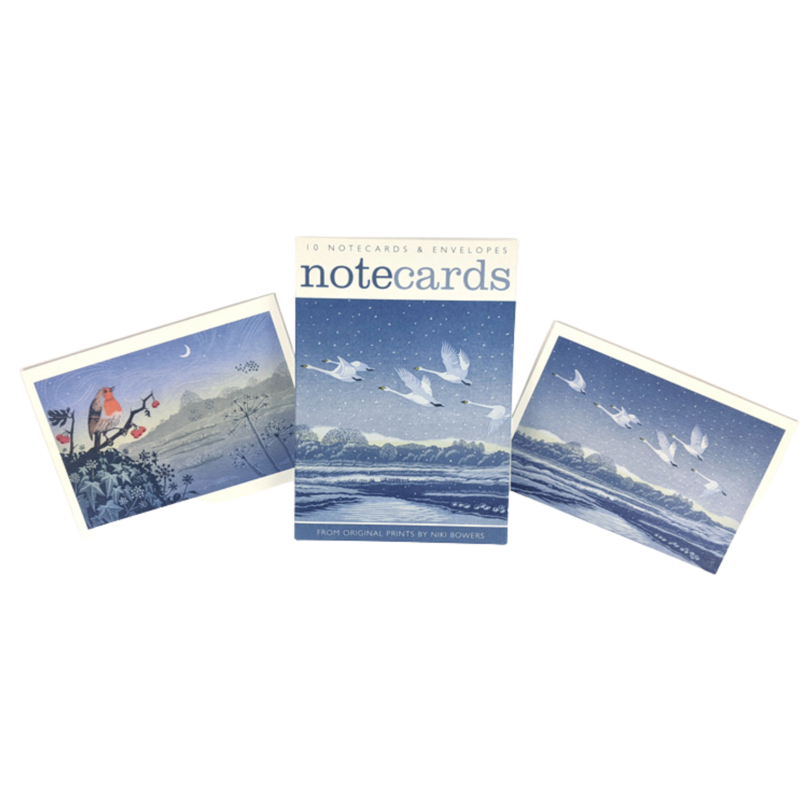 Box of 10 notecards and envelopes featuring winter scenes: swans in flight and a robin on a branch.