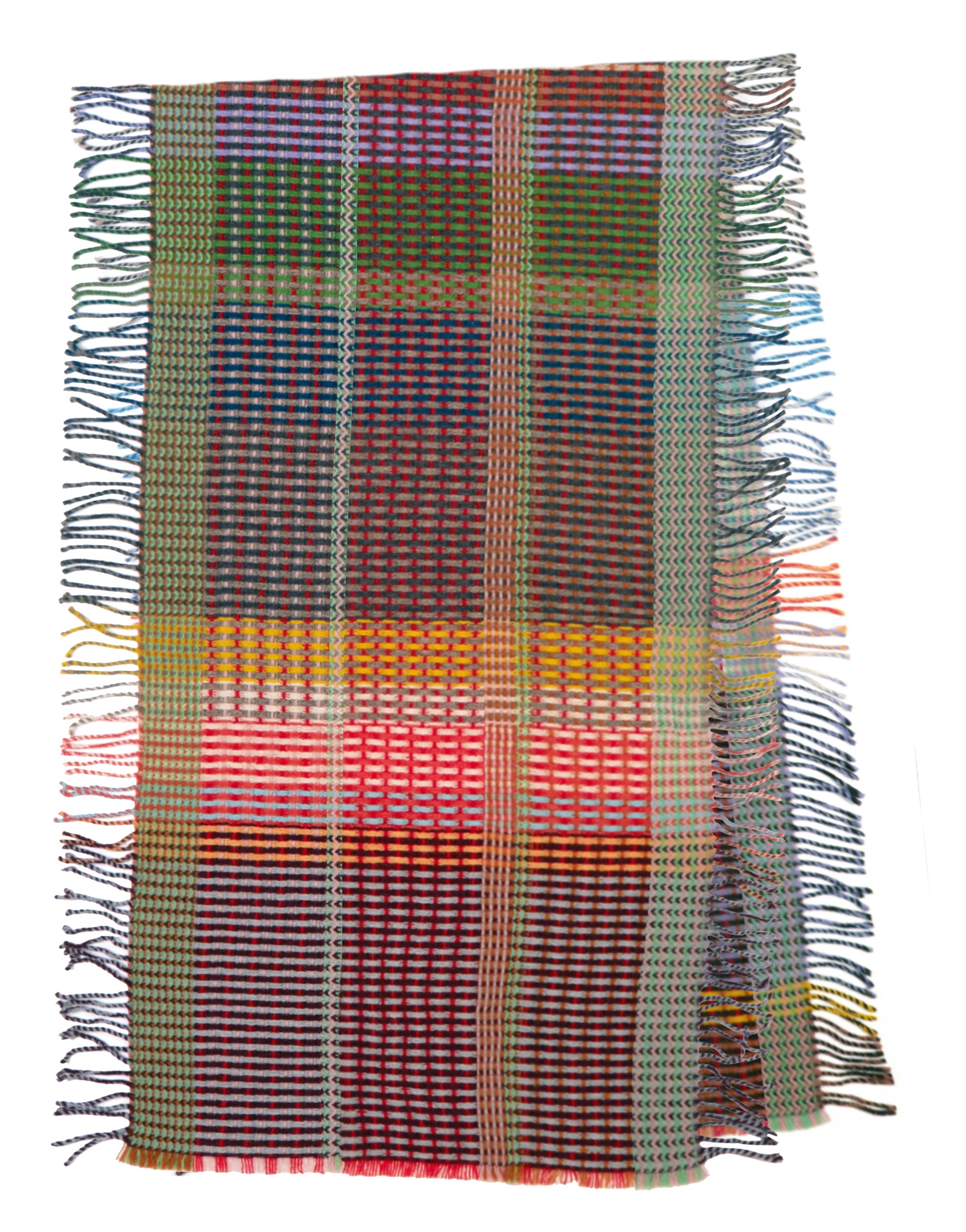 Multicolored woven throw blanket with a multicolored plaid pattern and fringed edges.