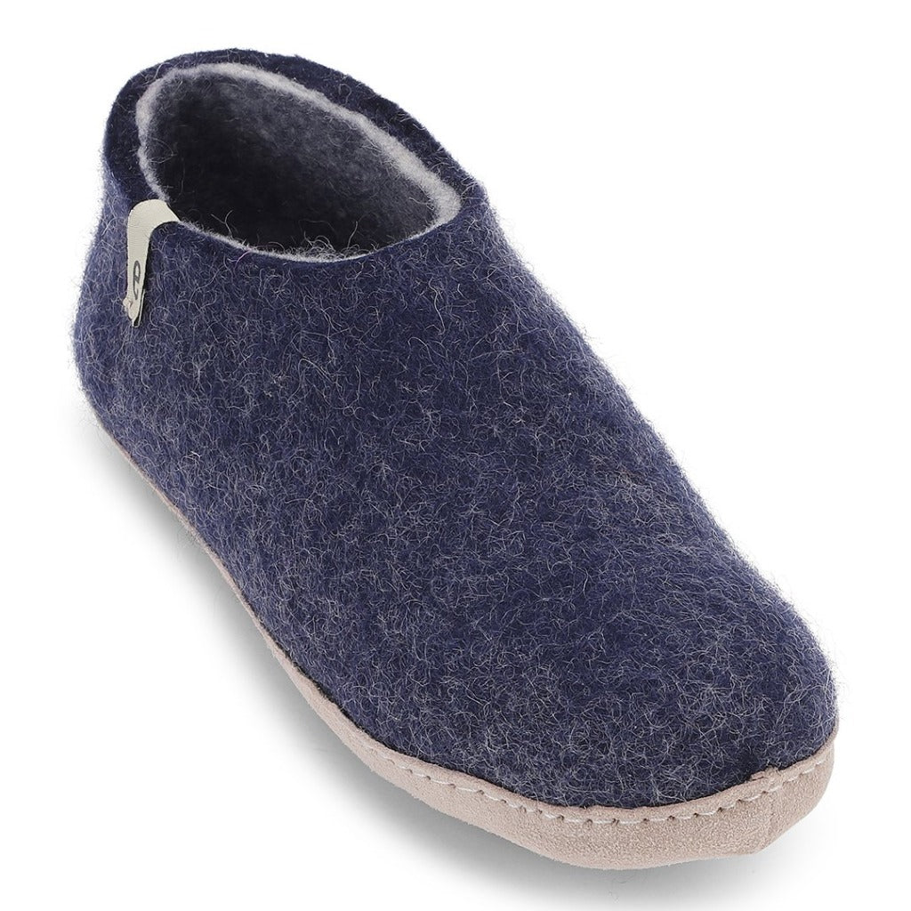 Navy blue wool felt slipper with a light beige sole.