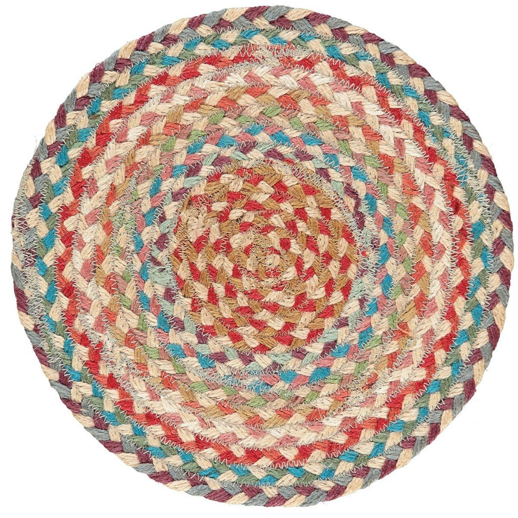 Round braided jute rug with multicolored concentric circles in shades of red, beige, blue, and green.