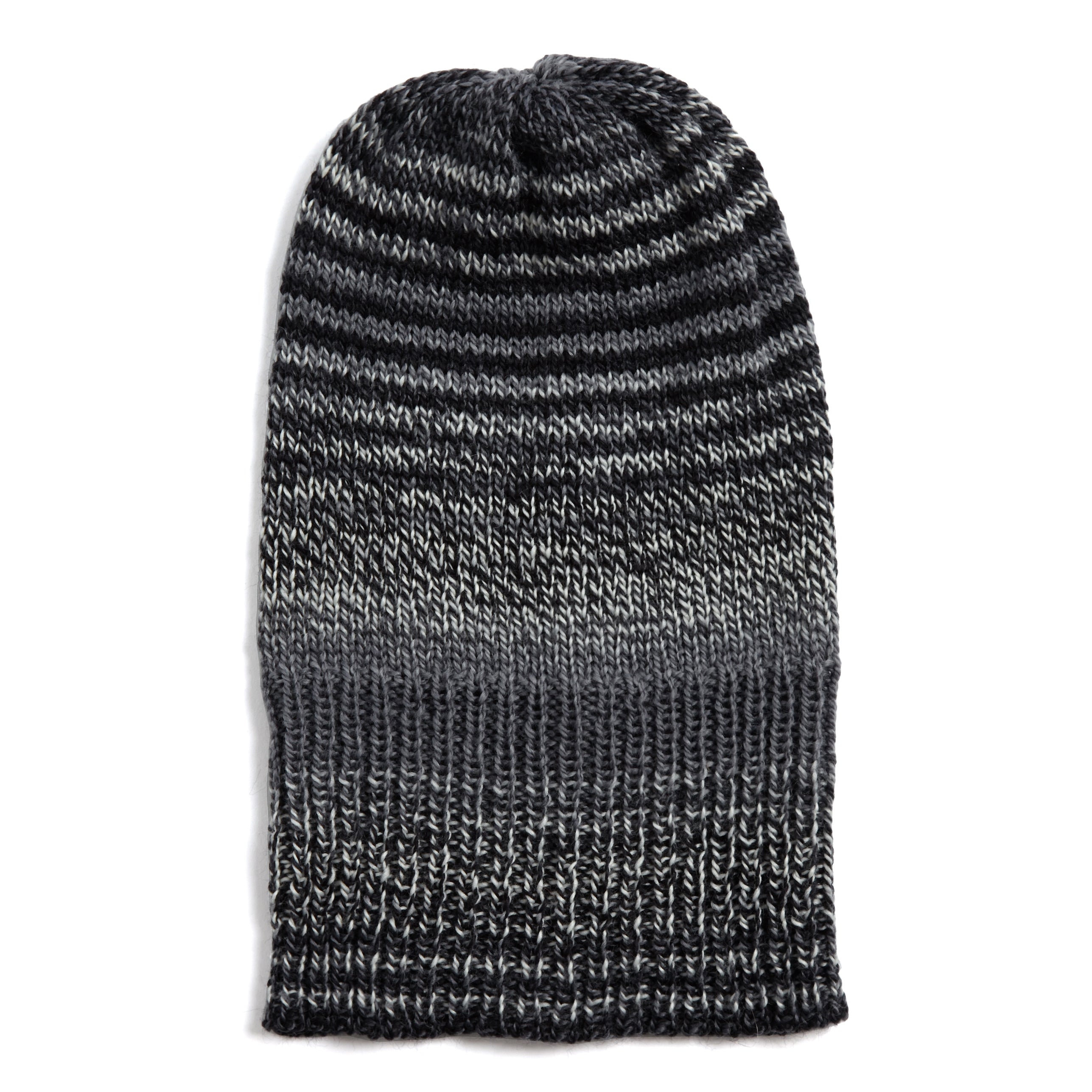 Gray and black striped knit beanie.  The hat has a ribbed cuff and a textured knit throughout.