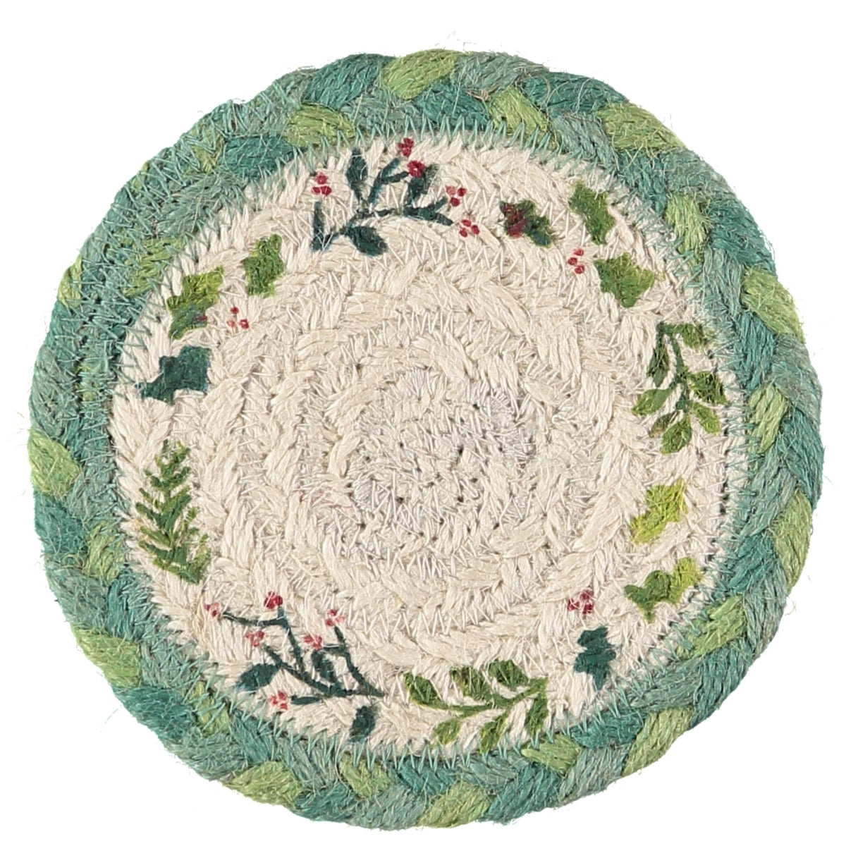 Round jute coaster with a cream center and a teal border.