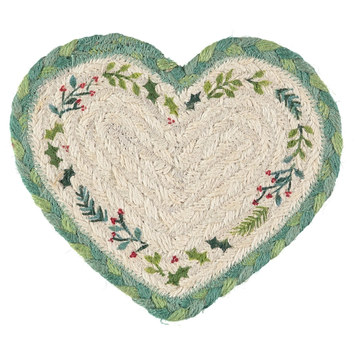 Heart-shaped jute coaster with embroidered green and red holly border.