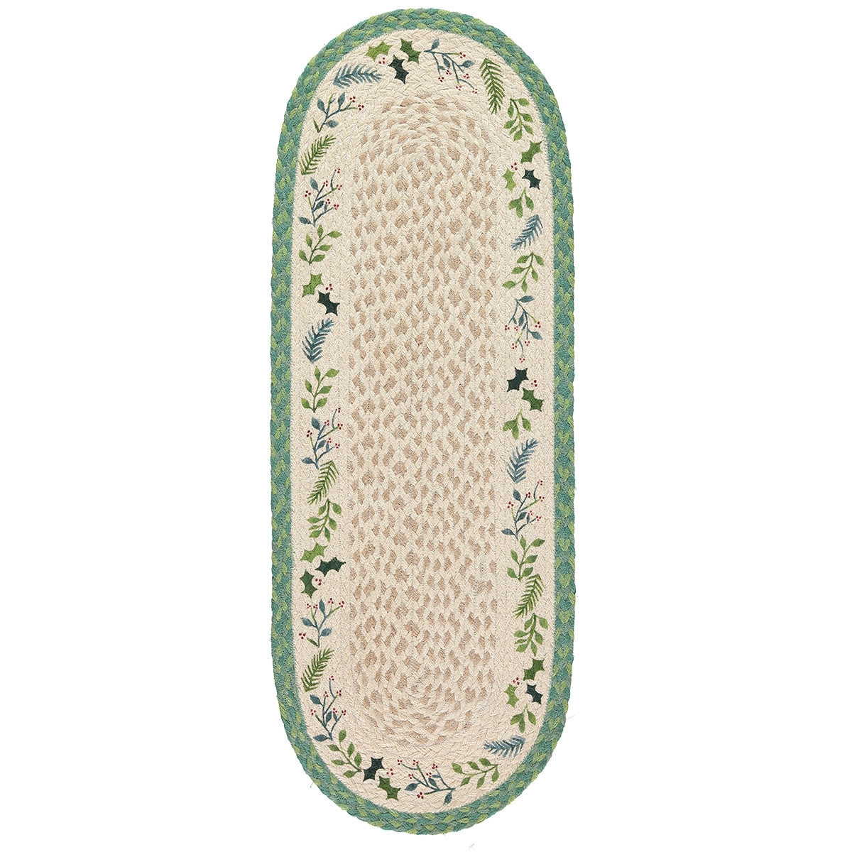 Oval braided jute rug with a cream center and green holiday-themed border featuring holly and pine sprigs.