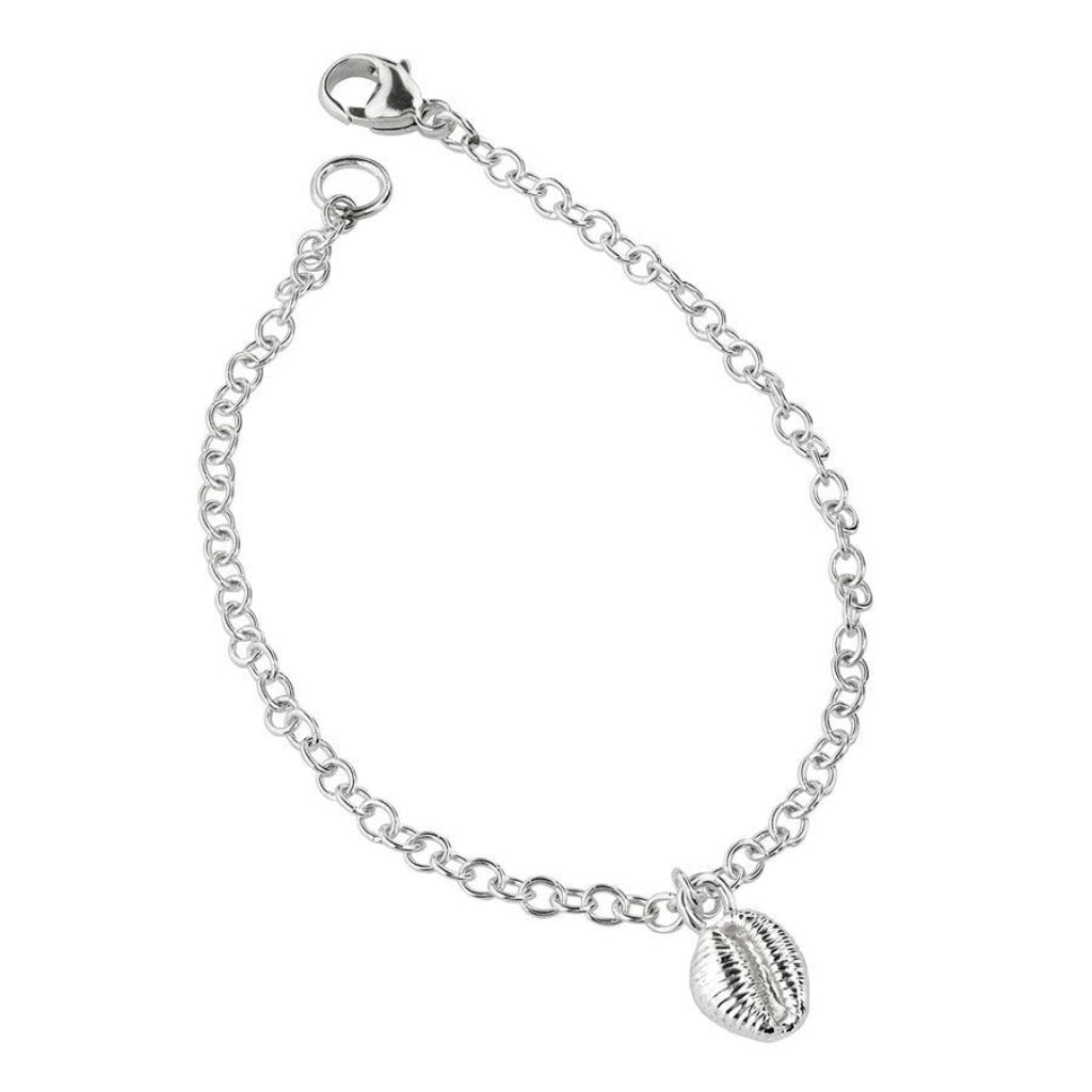 Silver chain bracelet with a small, textured shell charm.
