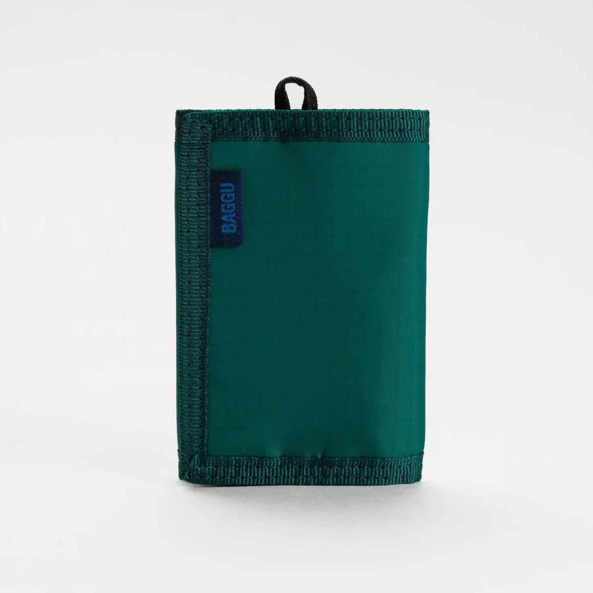 Dark green Baggu tri-fold wallet with a small navy logo.