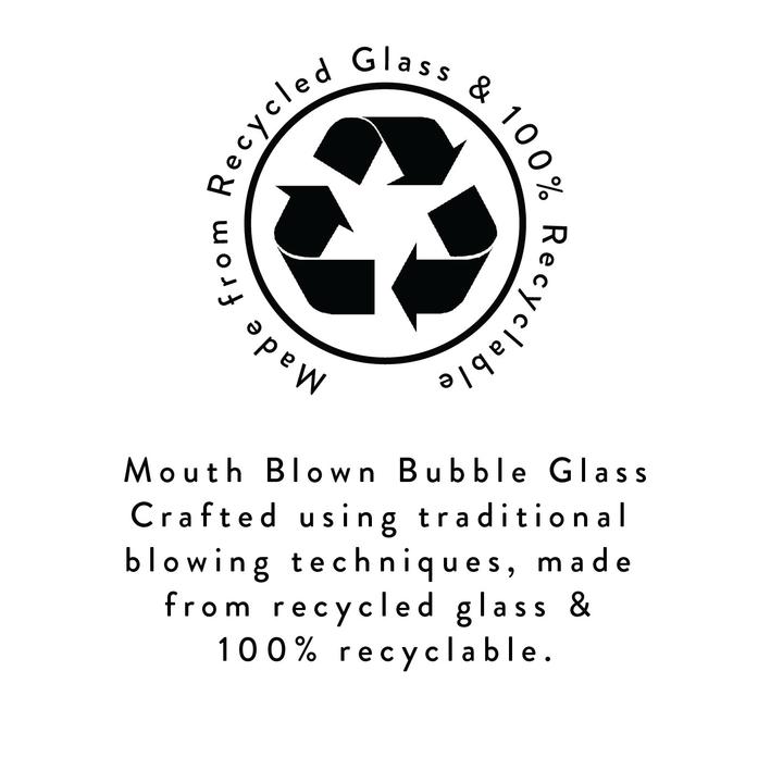 Recycled glass logo and statement, which reads ‘Mouth Blown Bubble Glass Crafted using traditional blowing techniques, made from recycled glass & 100% recyclable.’