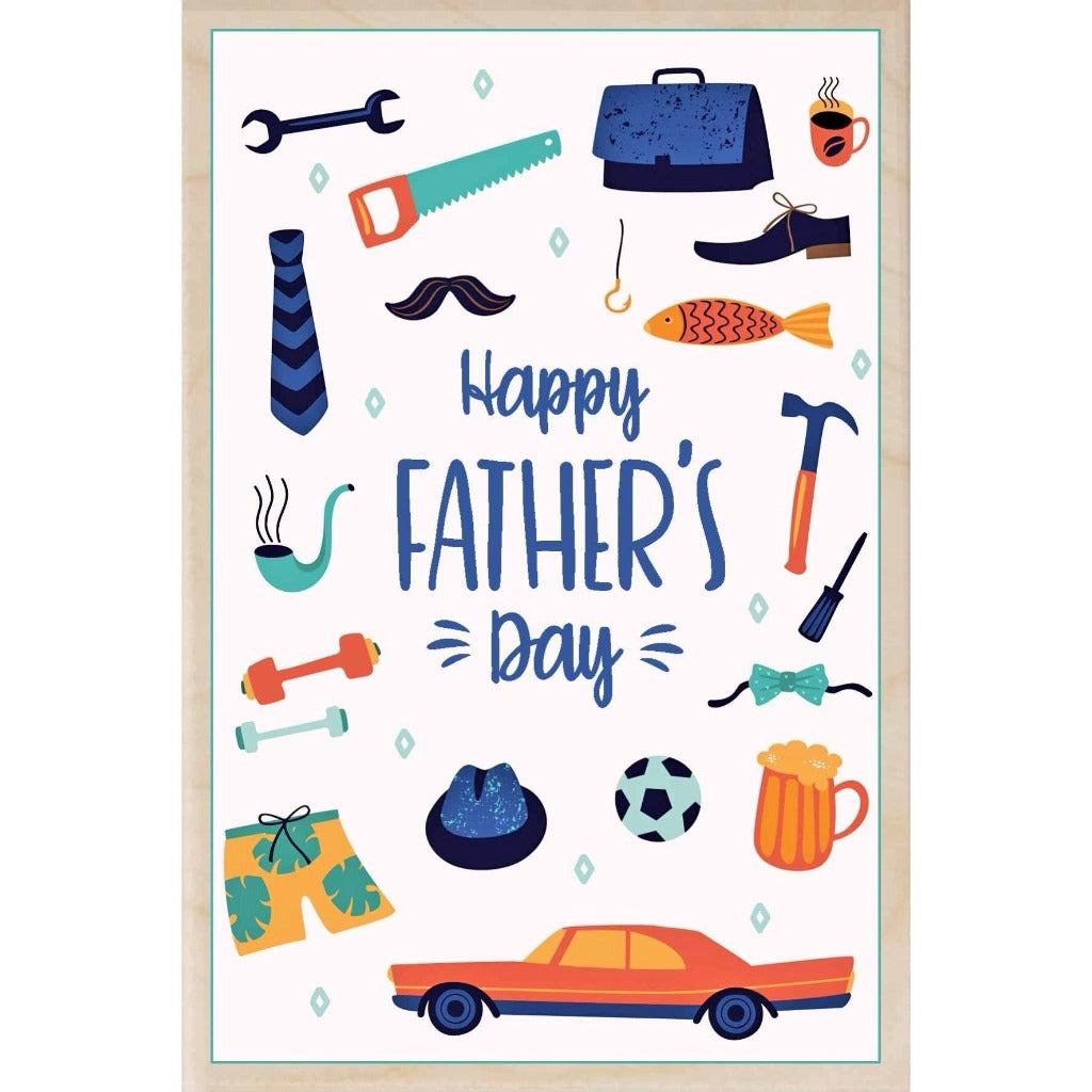 Happy Father's Day card featuring various illustrated icons representing hobbies and interests, including a car, tools, and