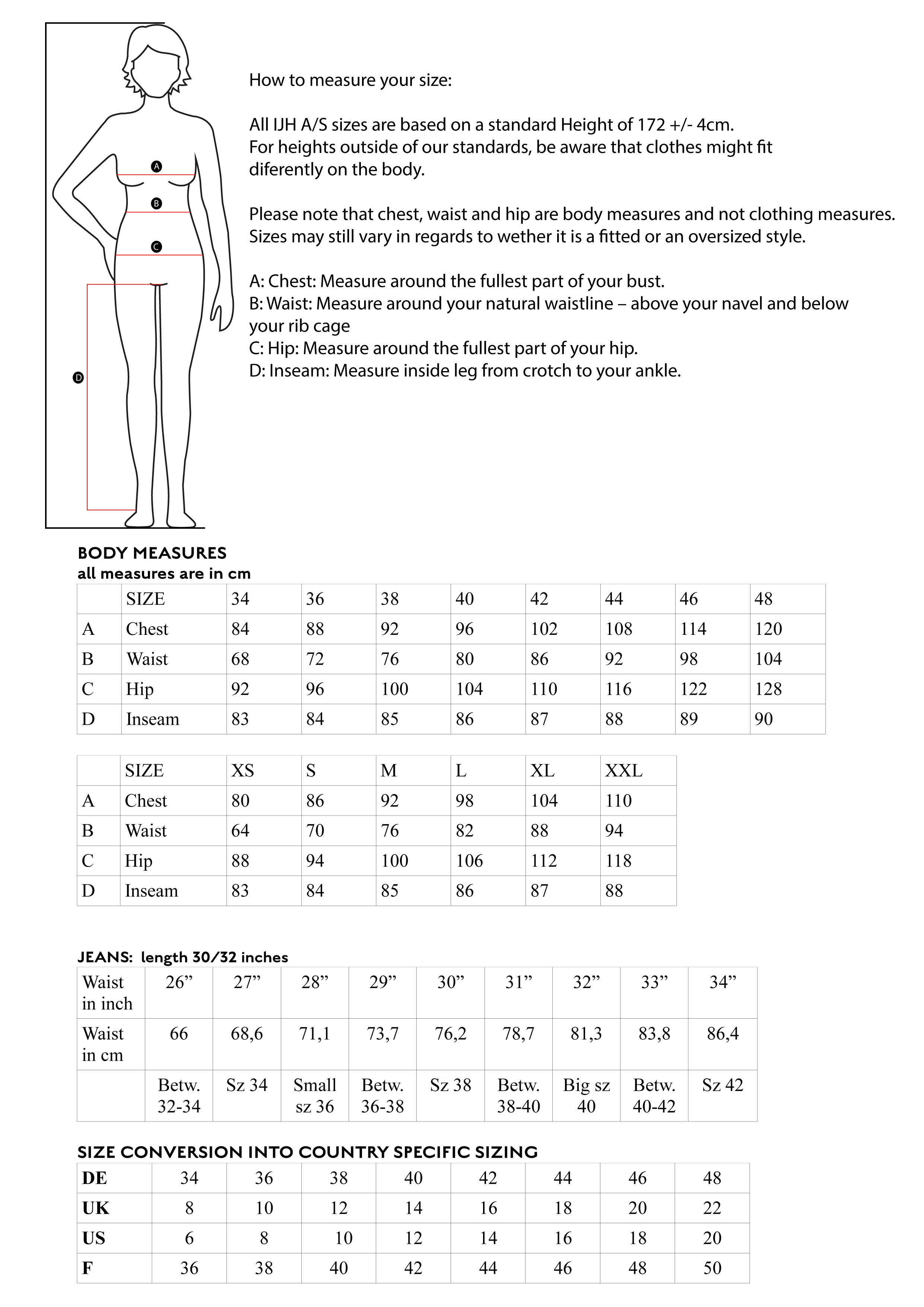 Size chart with body measurement guide (chest, waist, hip, inseam) in cm and inches, plus size conversion for DE, UK, US, and F