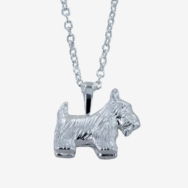 Silver necklace featuring a textured Scottish Terrier pendant.
