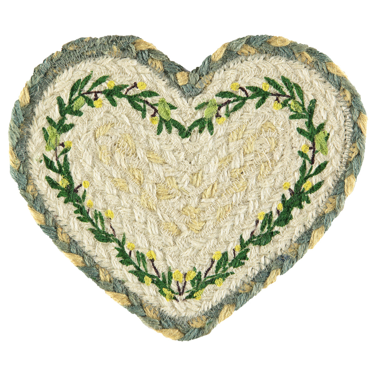 Heart-shaped braided jute coaster with embroidered green floral border.