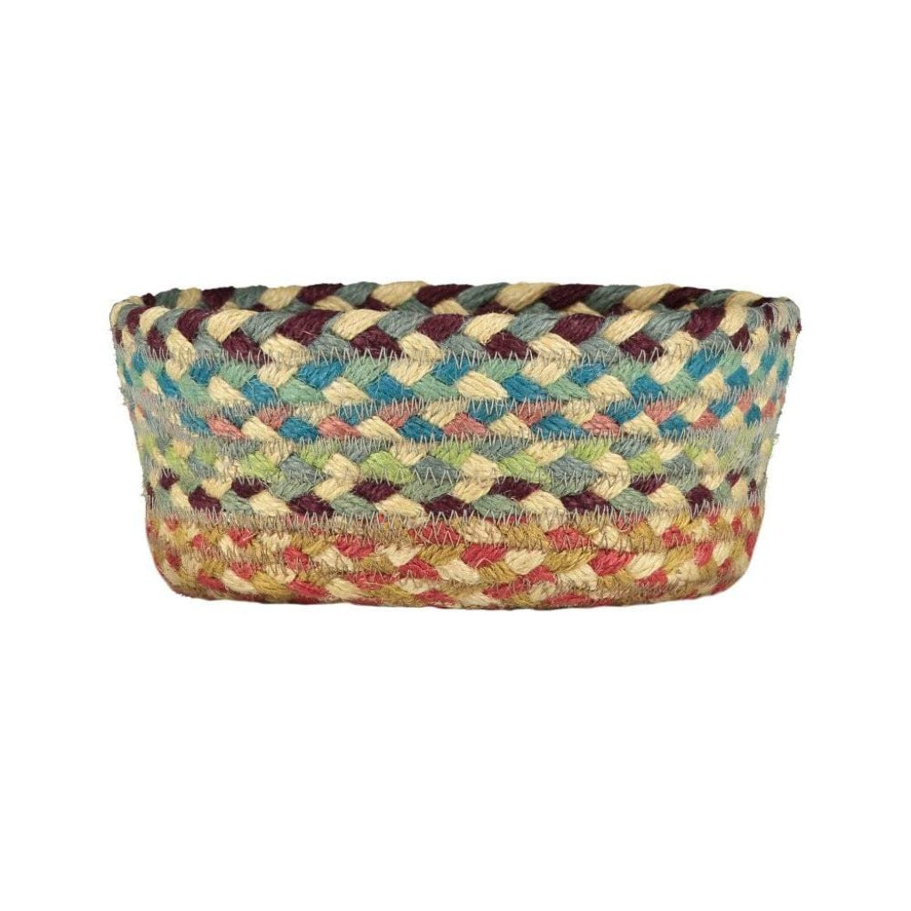 Oval braided jute basket with multicolored stripes in teal, burgundy, beige, and coral.