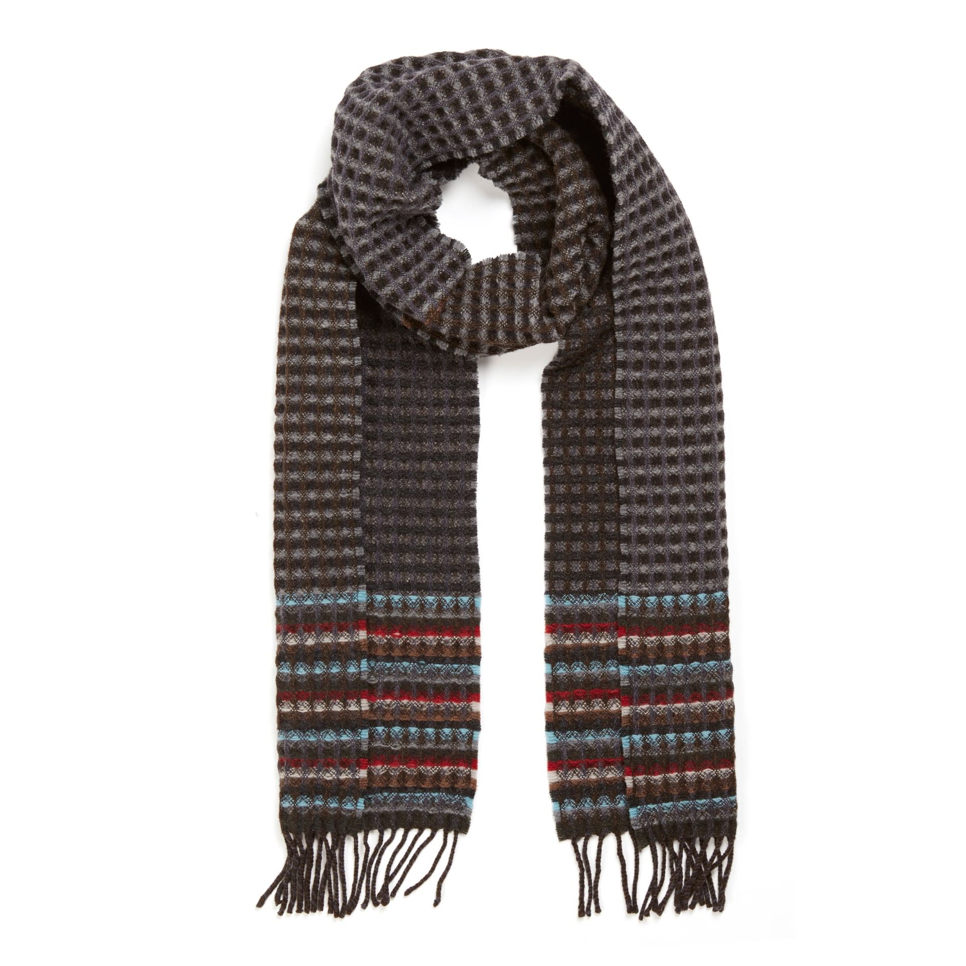 Dark gray and brown woven wool scarf with multicolored stripes near the bottom and dark brown fringe.