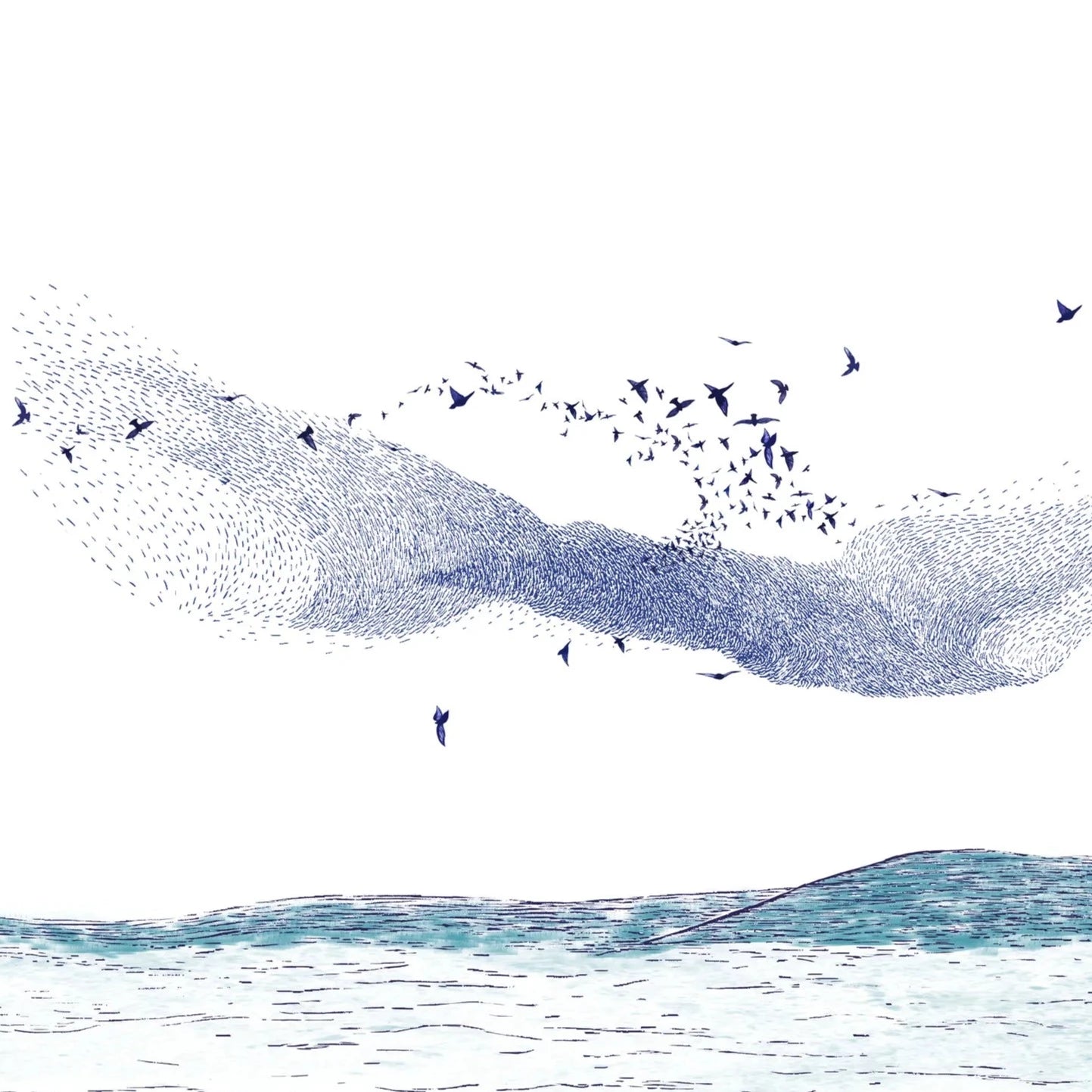 Abstract illustration of a large flock of birds in flight, forming a wave-like shape above a stylized landscape.