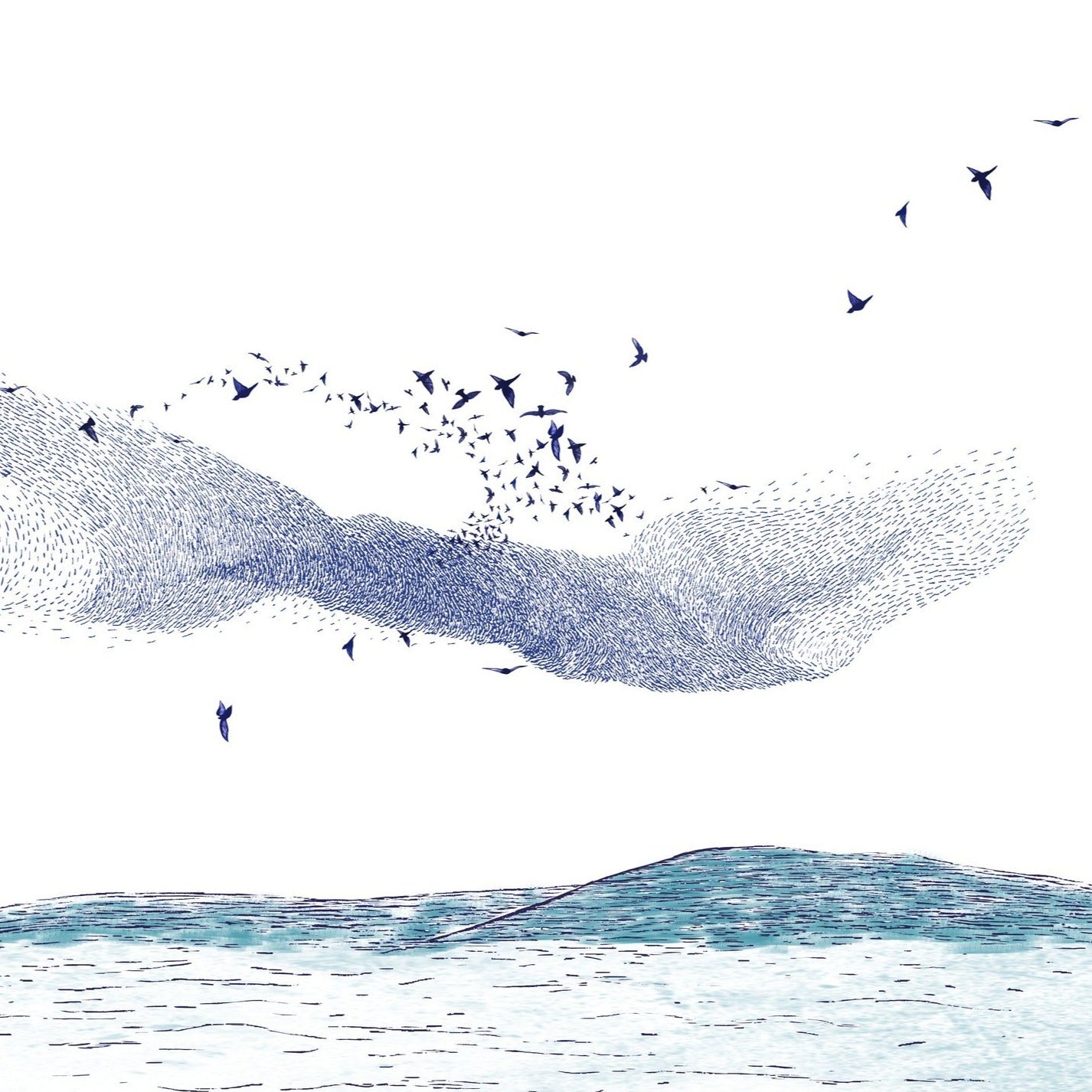 Abstract illustration of a large flock of birds in flight, forming a wave-like shape above a stylized landscape.