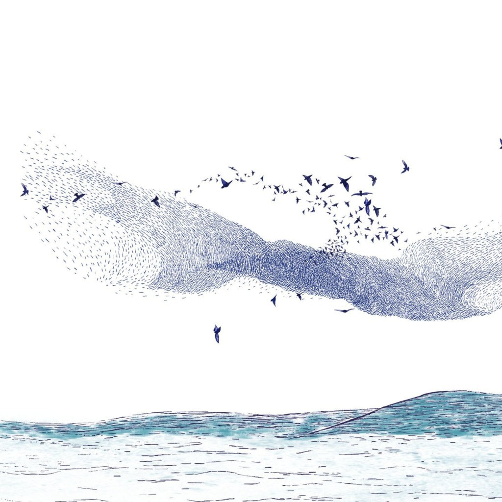 Abstract illustration of a large flock of birds in flight over a body of water, depicted in shades of blue and white.