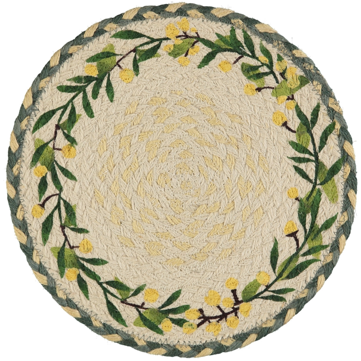 Round jute placemat with a braided texture and embroidered green leafy border with yellow flowers.