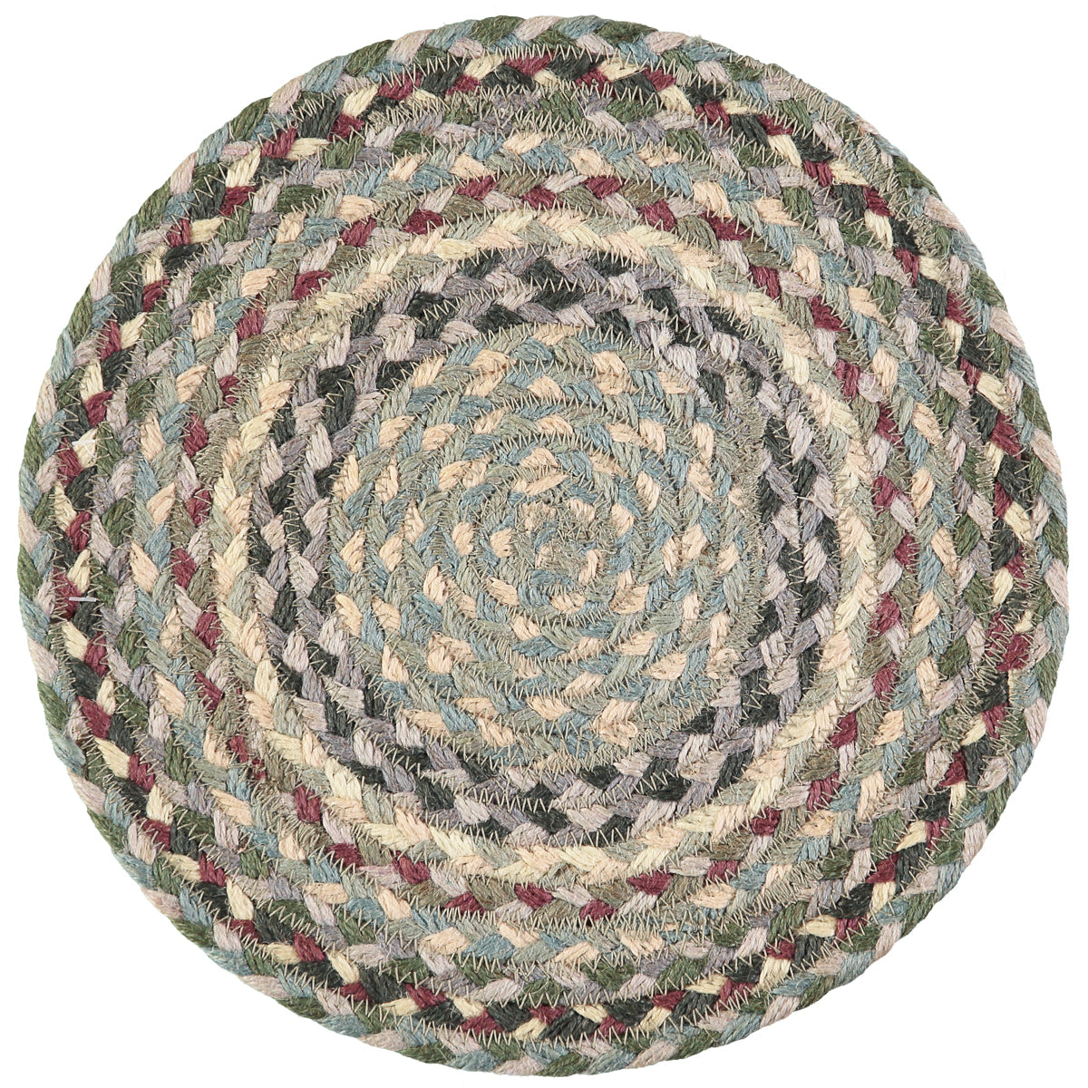 Round braided jute placemat in muted greens, beige, and burgundy.
