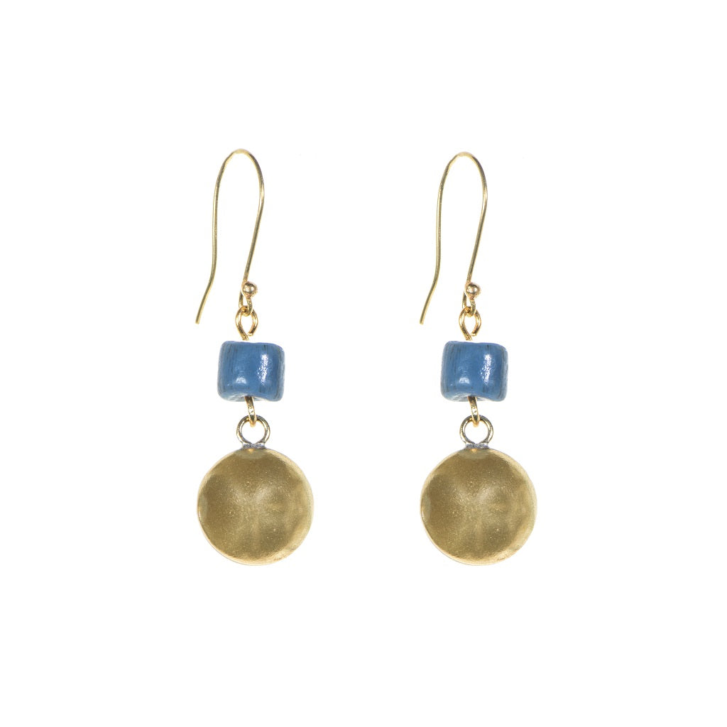 Gold and blue beaded drop earrings.  Each earring features a gold disc and a small square blue bead.