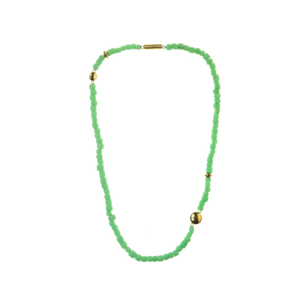 Light green beaded necklace with gold clasp and accents.