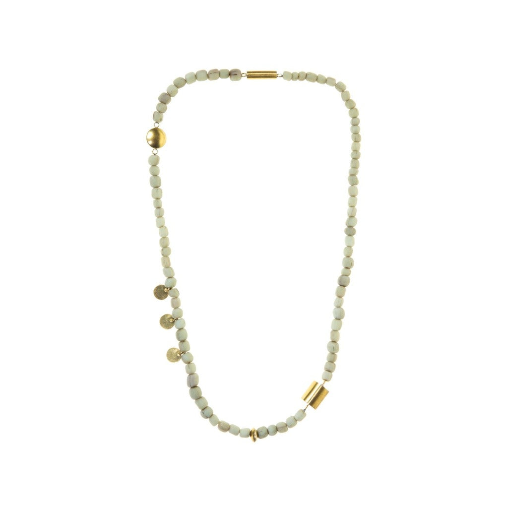 Light green beaded necklace with gold accents; includes small disc and cylindrical charms.