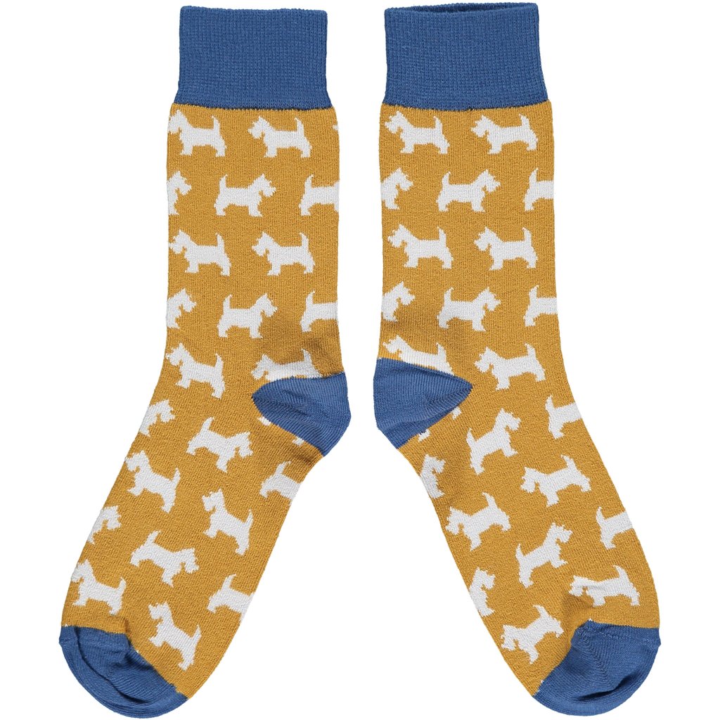 Pair of mustard yellow socks with a repeating pattern of white Scottie dogs.  Blue cuffs.