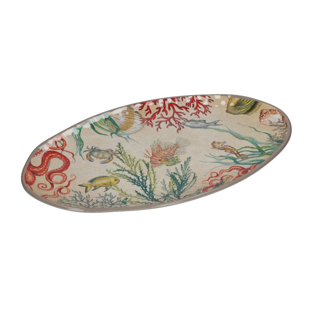 Oval serving platter with a beige background featuring a colorful illustration of various sea creatures, coral, and seaweed.
