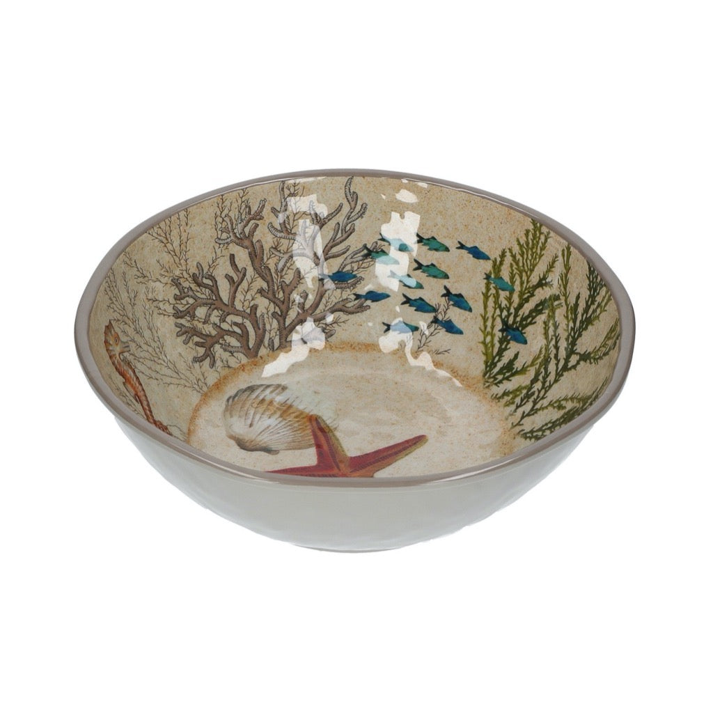 Large serving bowl with a beige exterior and an ocean-themed design featuring starfish, seashells, coral, and fish.