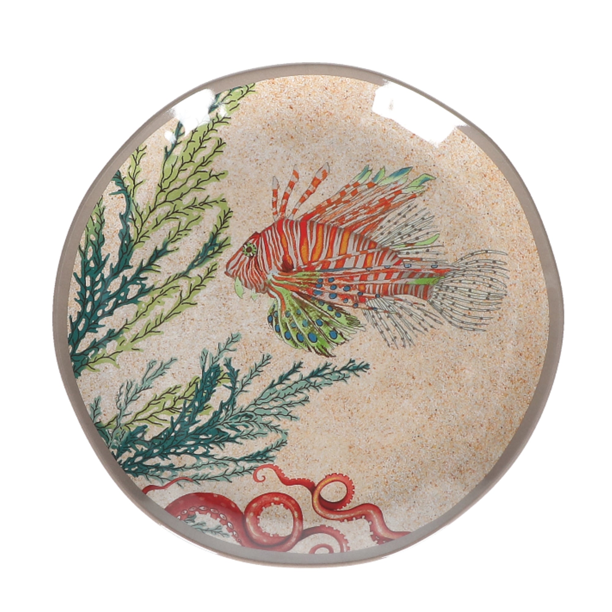 Round platter with a beige sand-like background featuring a lionfish, seaweed, and part of an octopus, all in vibrant colors.