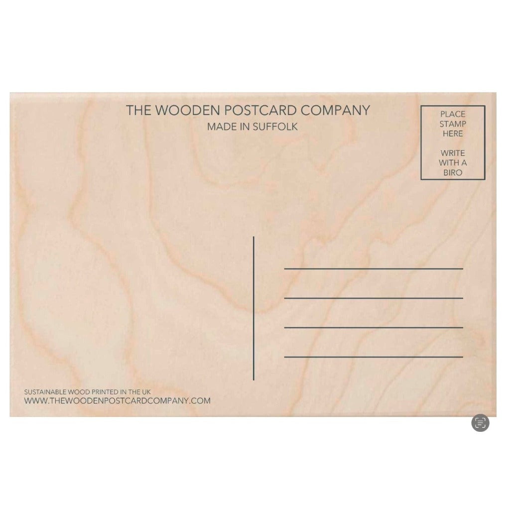 Wooden postcard with address and message sections; made in Suffolk, UK; sustainable wood.