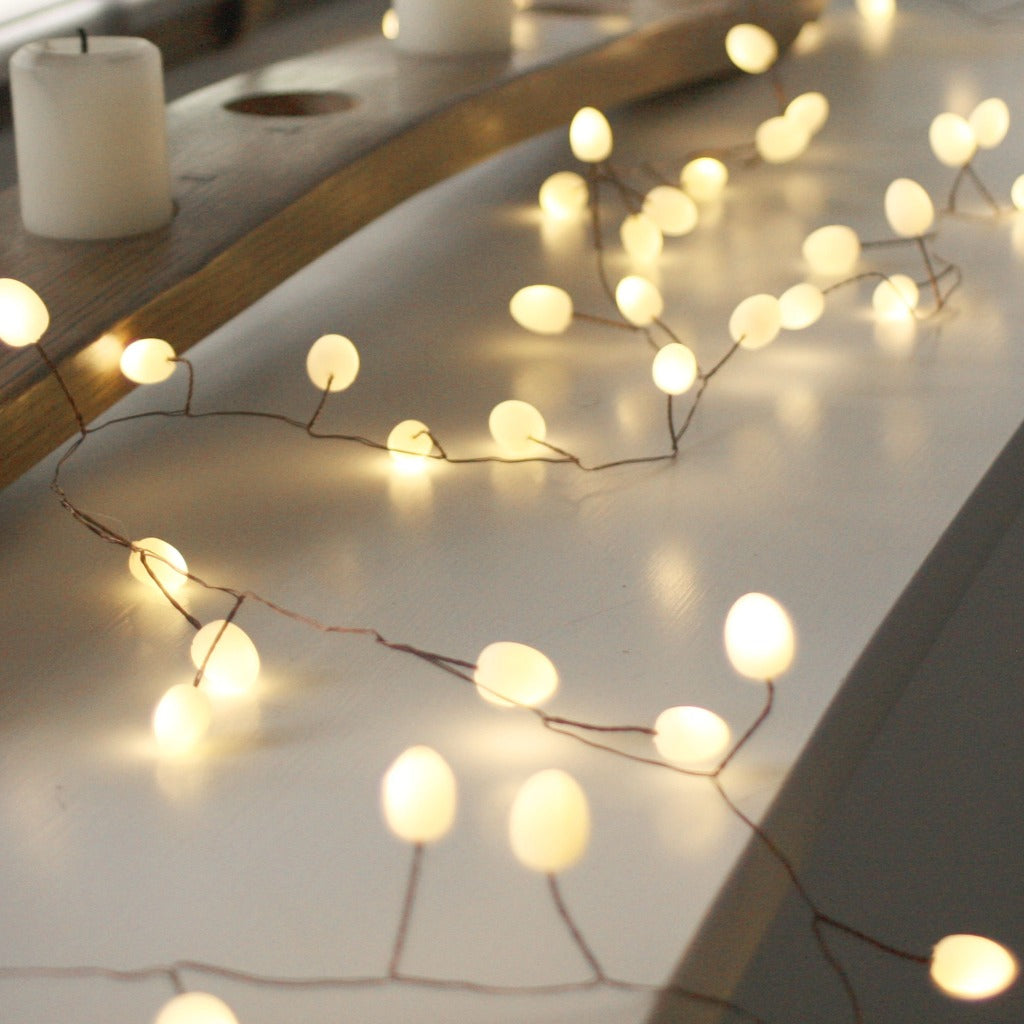 Warm-white LED string lights with round bulbs on copper wire.