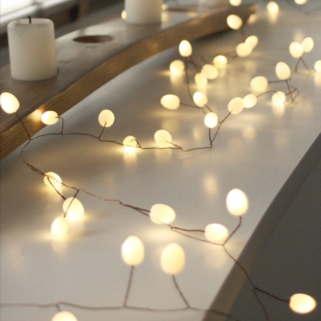 Warm-white LED string lights with round bulbs on copper wire.