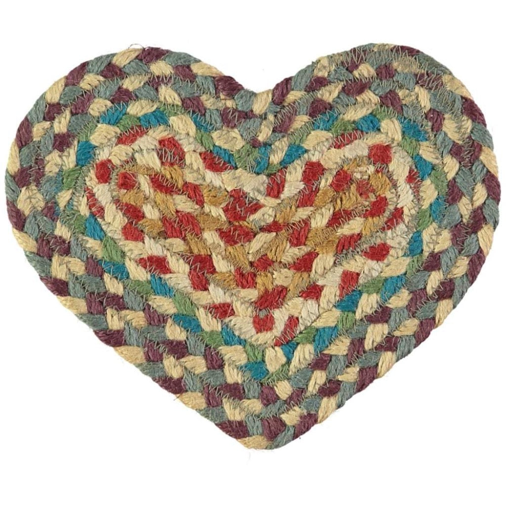 Heart-shaped braided jute rug in multicolored stripes of red, beige, teal, and purple.