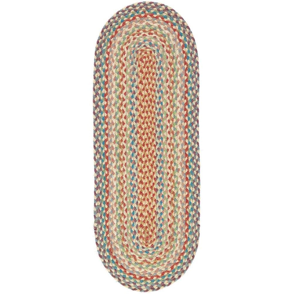 Oval braided rug with multicolored stripes in shades of red, beige, and teal.