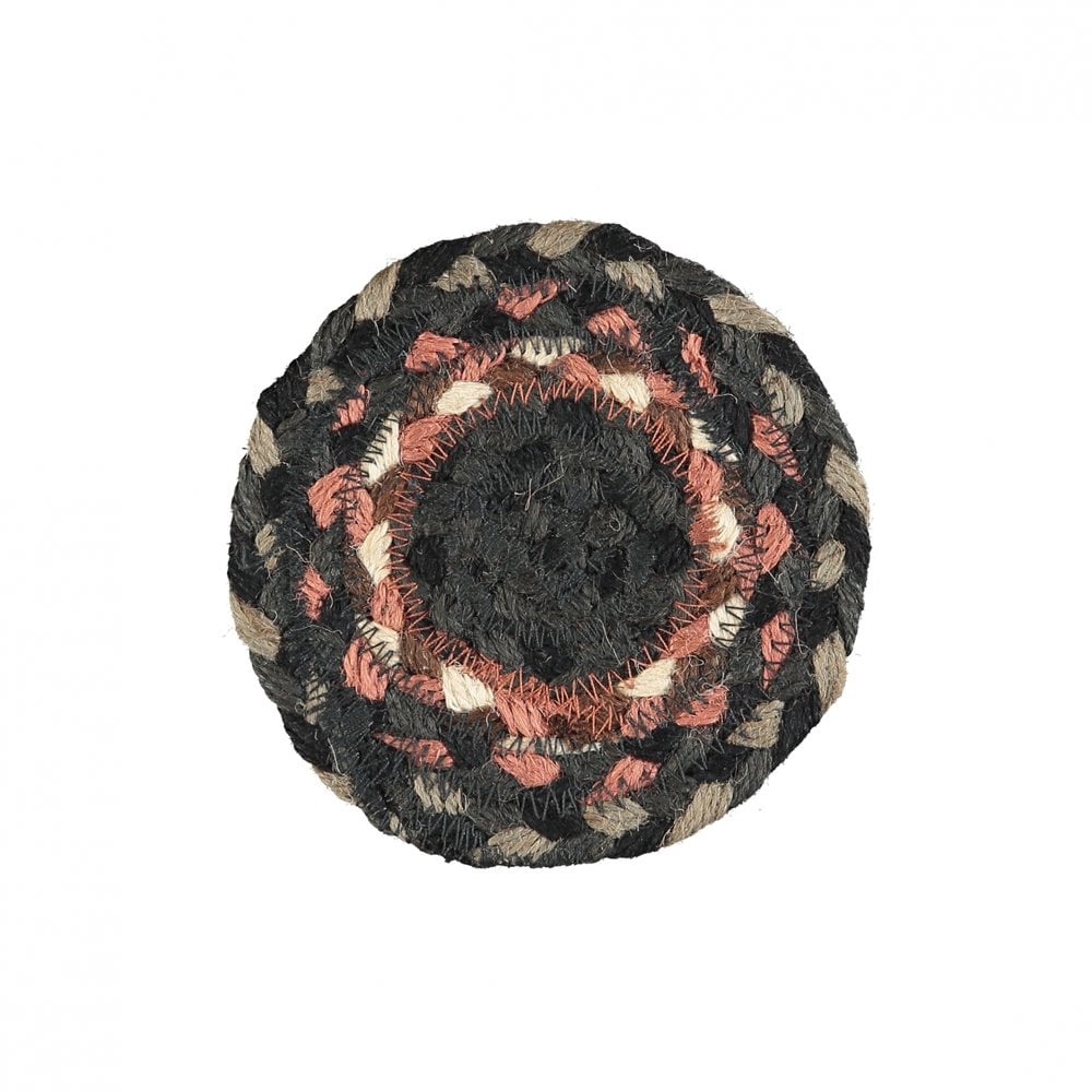 Round braided jute coaster with a concentric circular pattern in black, beige, and dusty rose.