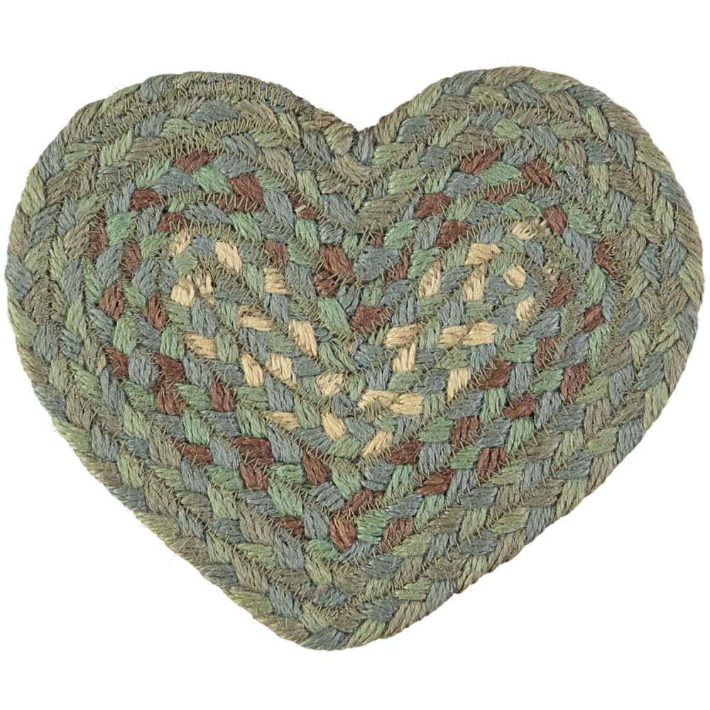 Heart-shaped braided jute rug in shades of green, brown, and beige.