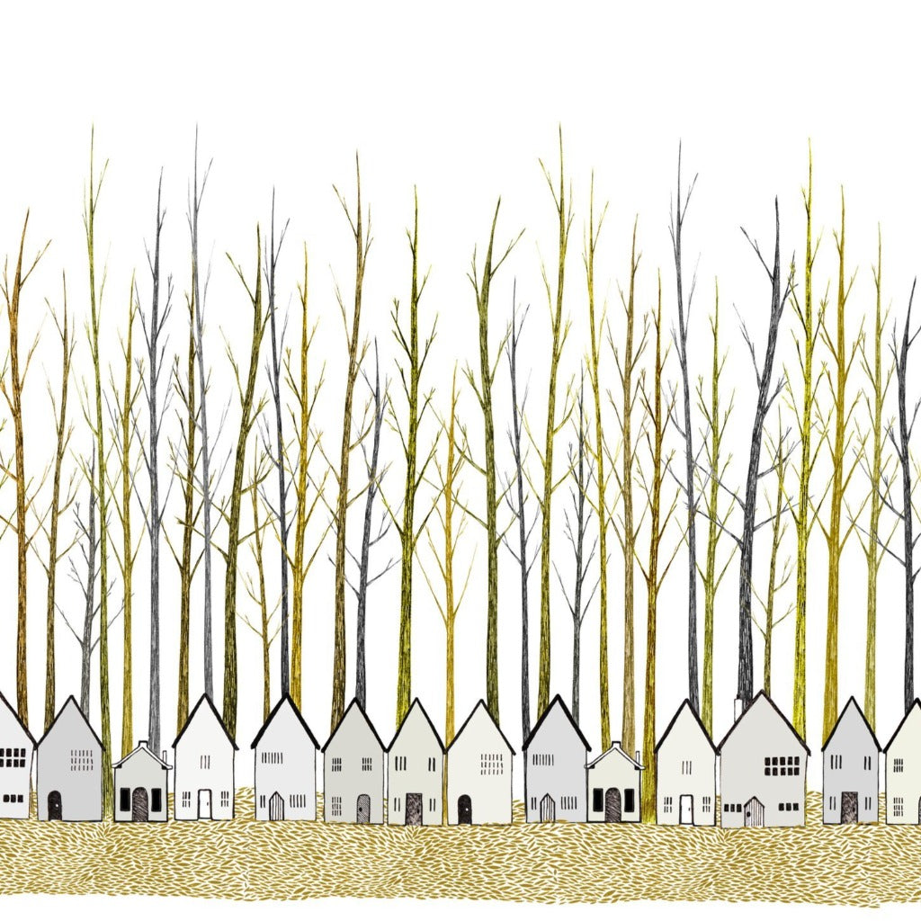 Stylized illustration of a row of houses nestled amongst a stand of bare trees with gold and grey branches.