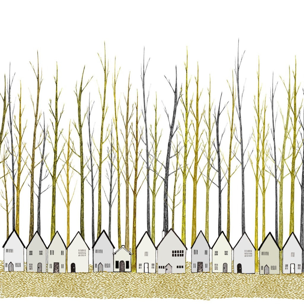 Stylized illustration of a row of houses nestled amongst bare, gold and gray trees.