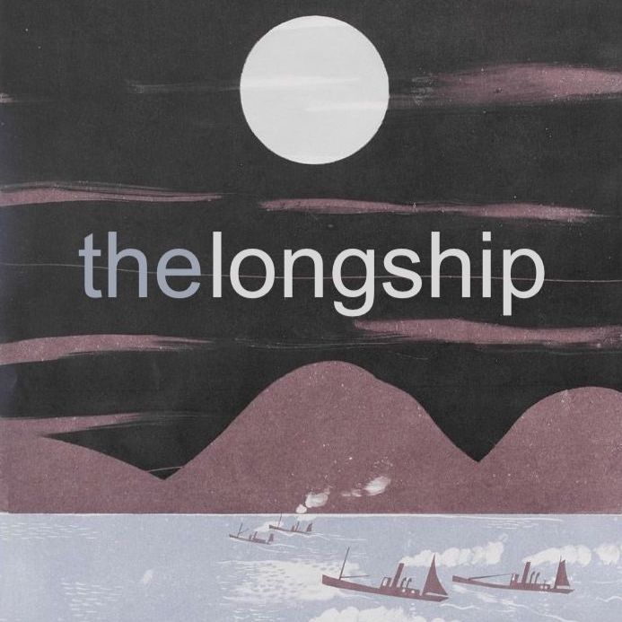 Stylized illustration: Several steamships at sea under a large moon, hills in background; title "the longship".