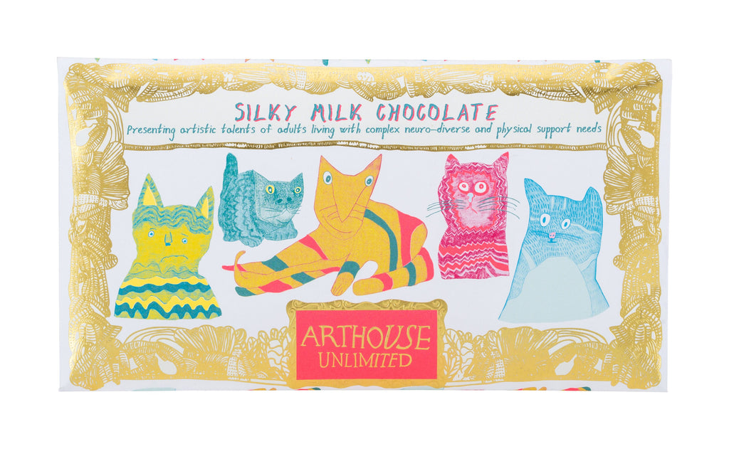 Silky milk chocolate bar wrapper featuring colorful cat illustrations, gold foil detailing, and "Arthouse Unlimited"