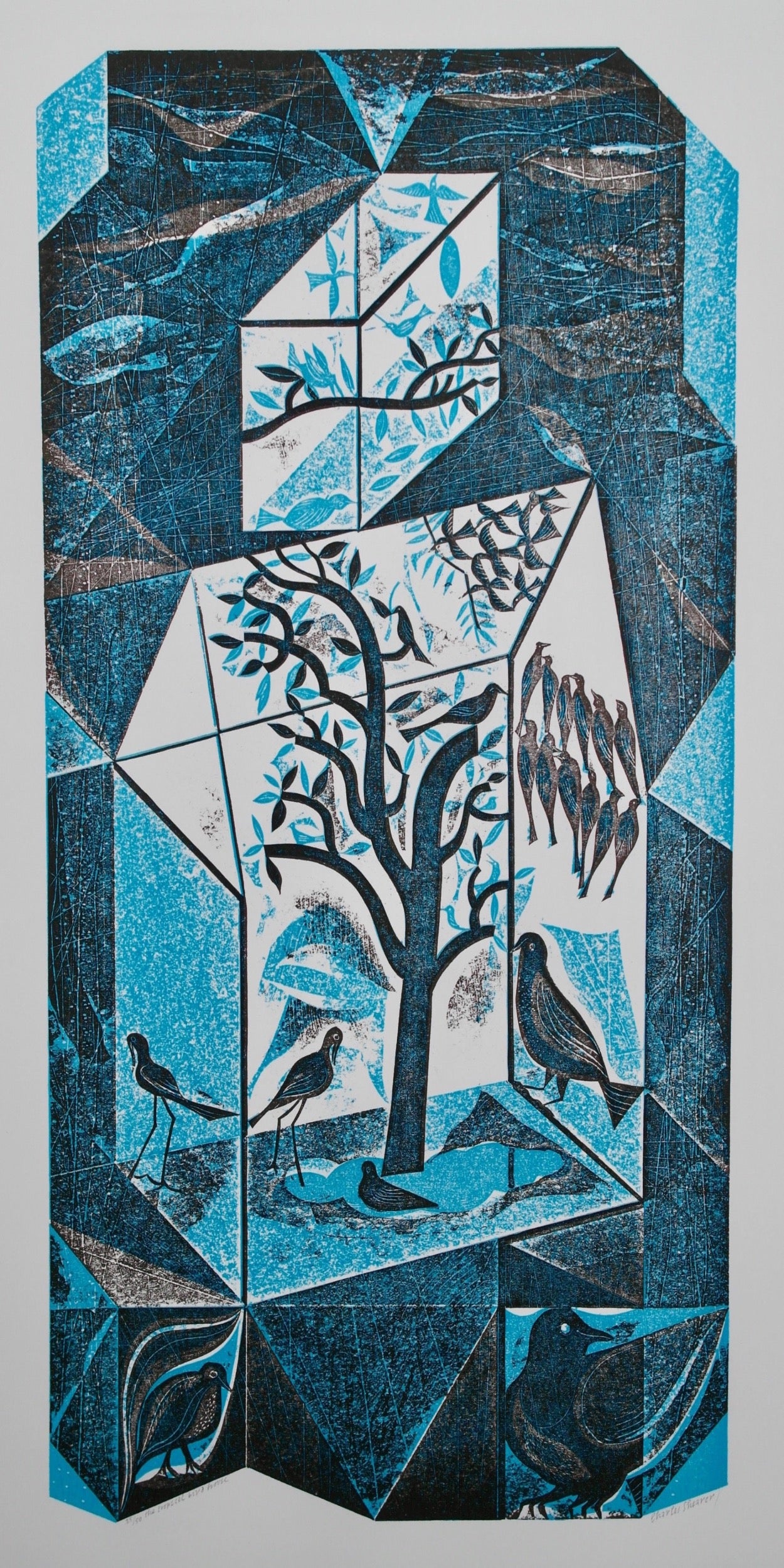 Linocut print depicting a geometric, crystalline structure containing a tree and various birds in shades of teal and black.