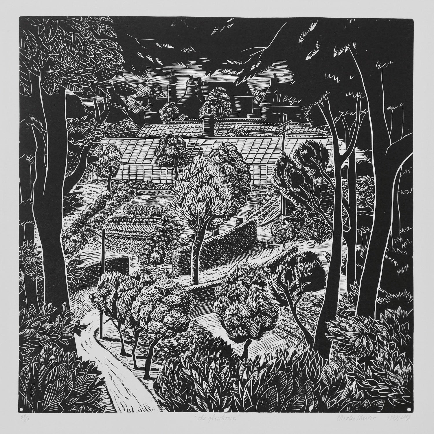 Black and white woodblock print depicting a garden scene with a large greenhouse, trees, and a winding path.