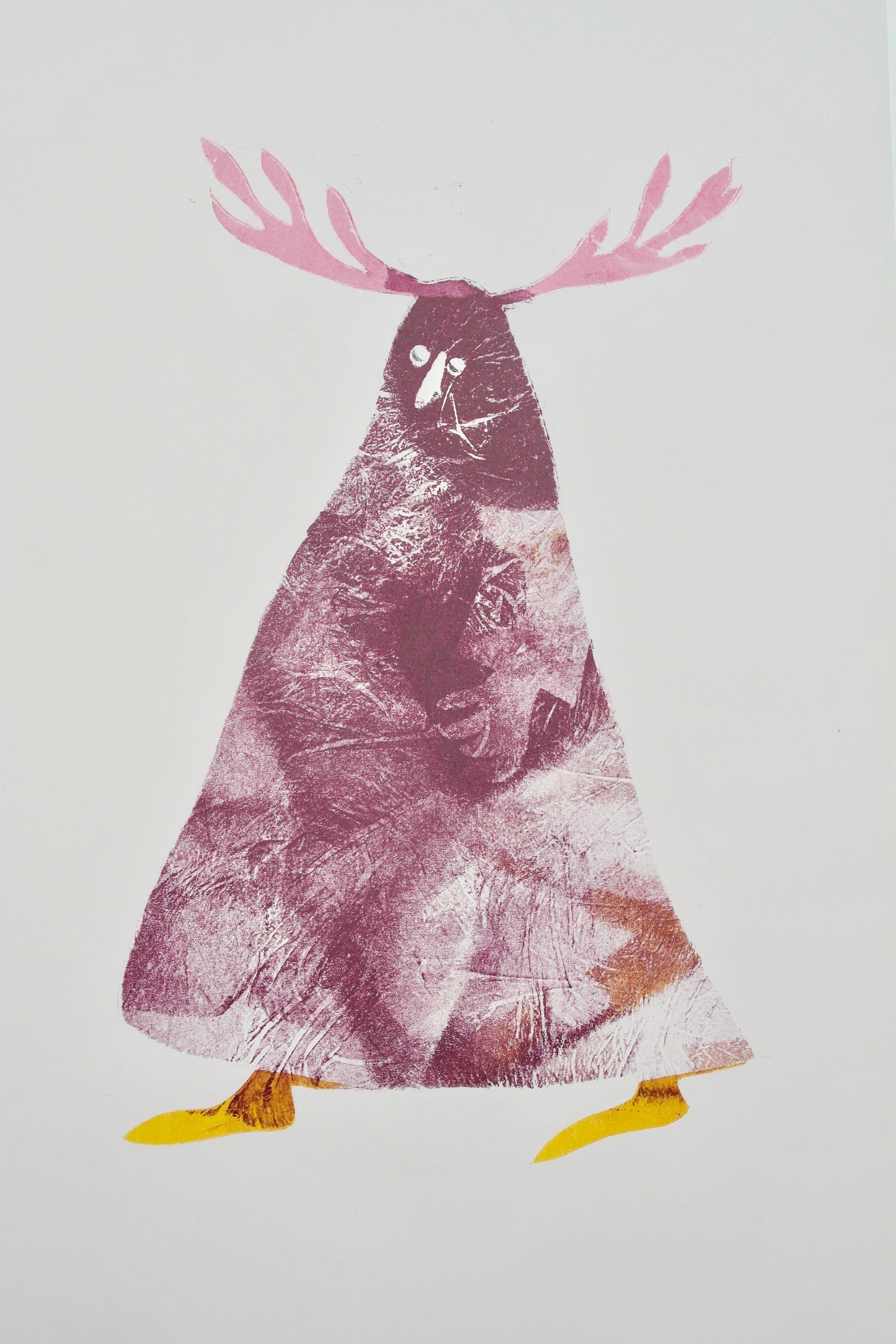 Abstract print of a stylized creature with pink antlers, a textured maroon body, and yellow feet.