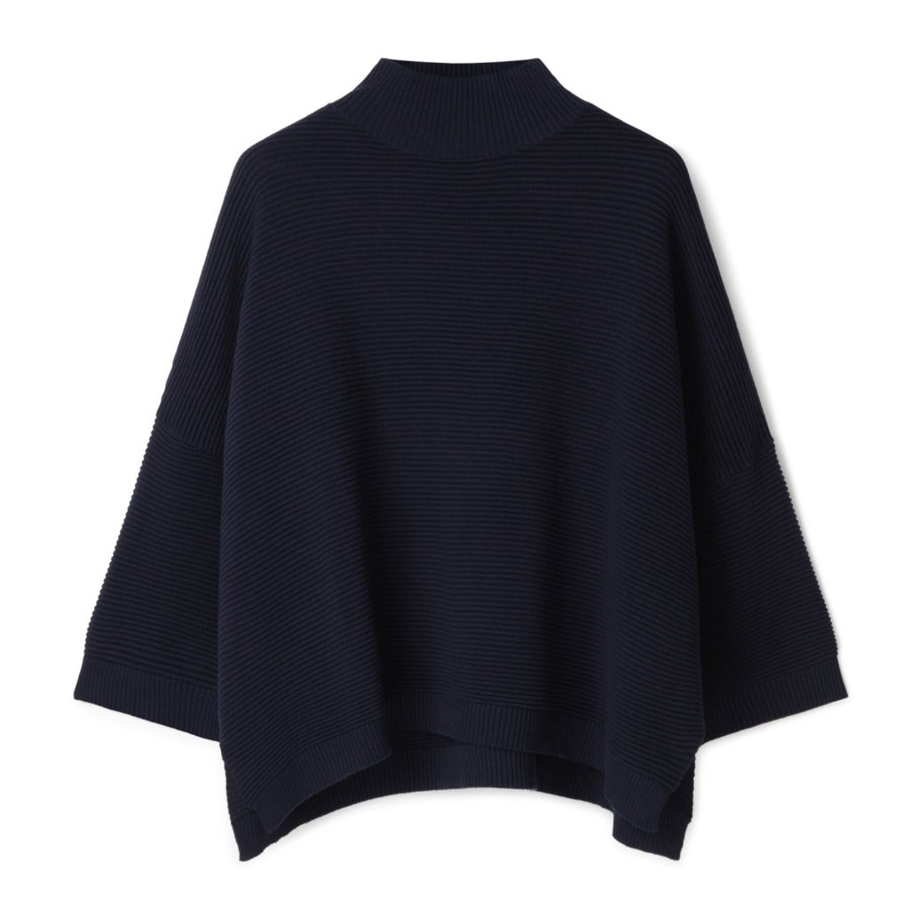 Navy blue ribbed knit mock neck sweater with three-quarter sleeves and a boxy fit.