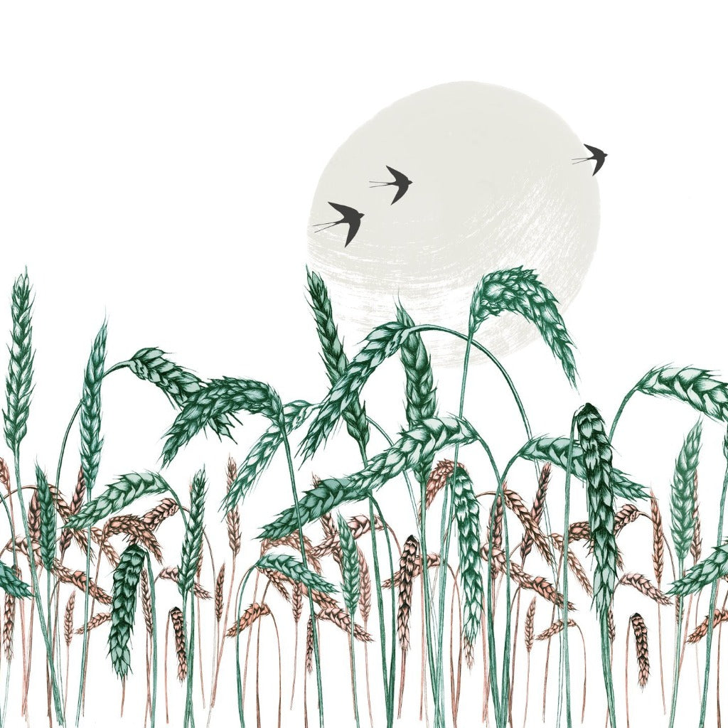 Illustration of a field of wheat stalks, some green and some brown, against a background of a large pale circle and three