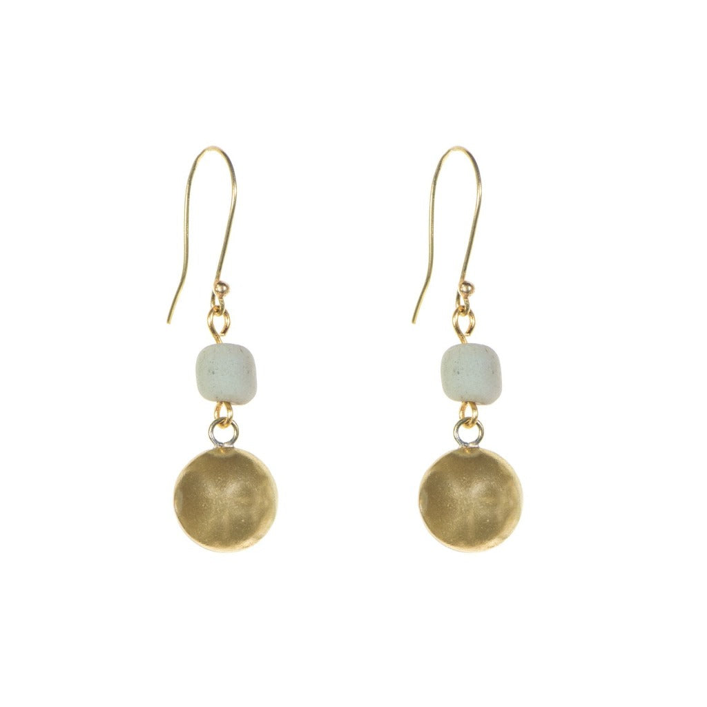 Gold and light grey stone drop earrings.  Each earring features a small cube-shaped stone above a larger, textured gold disc.