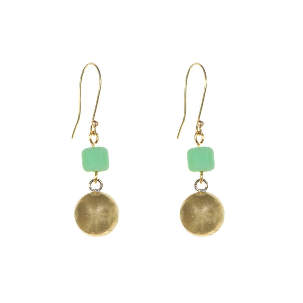 Gold drop earrings featuring a light green square bead and a textured gold disc.