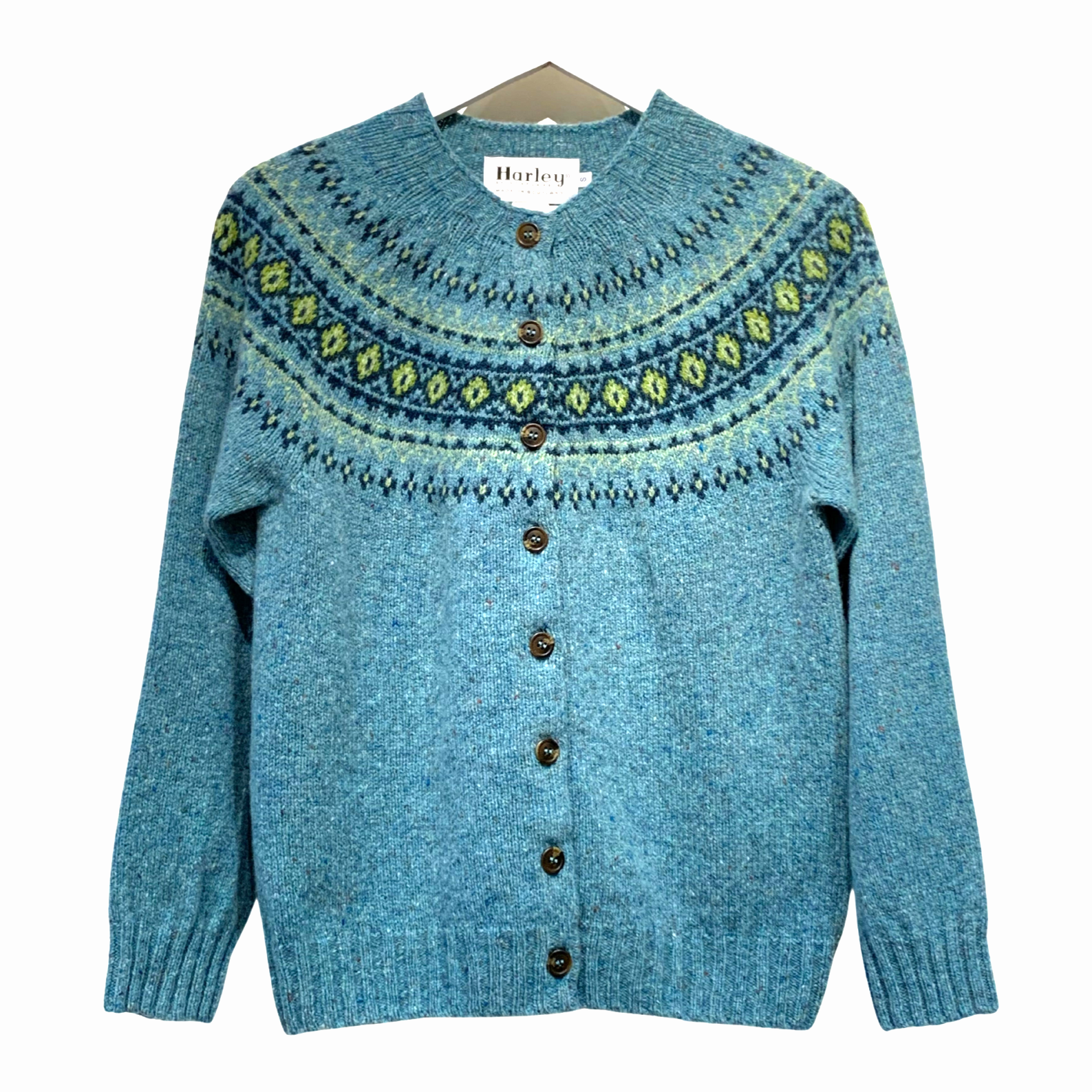 Teal blue wool cardigan with a Fair Isle-style yoke featuring green and navy accents. Button front closure.